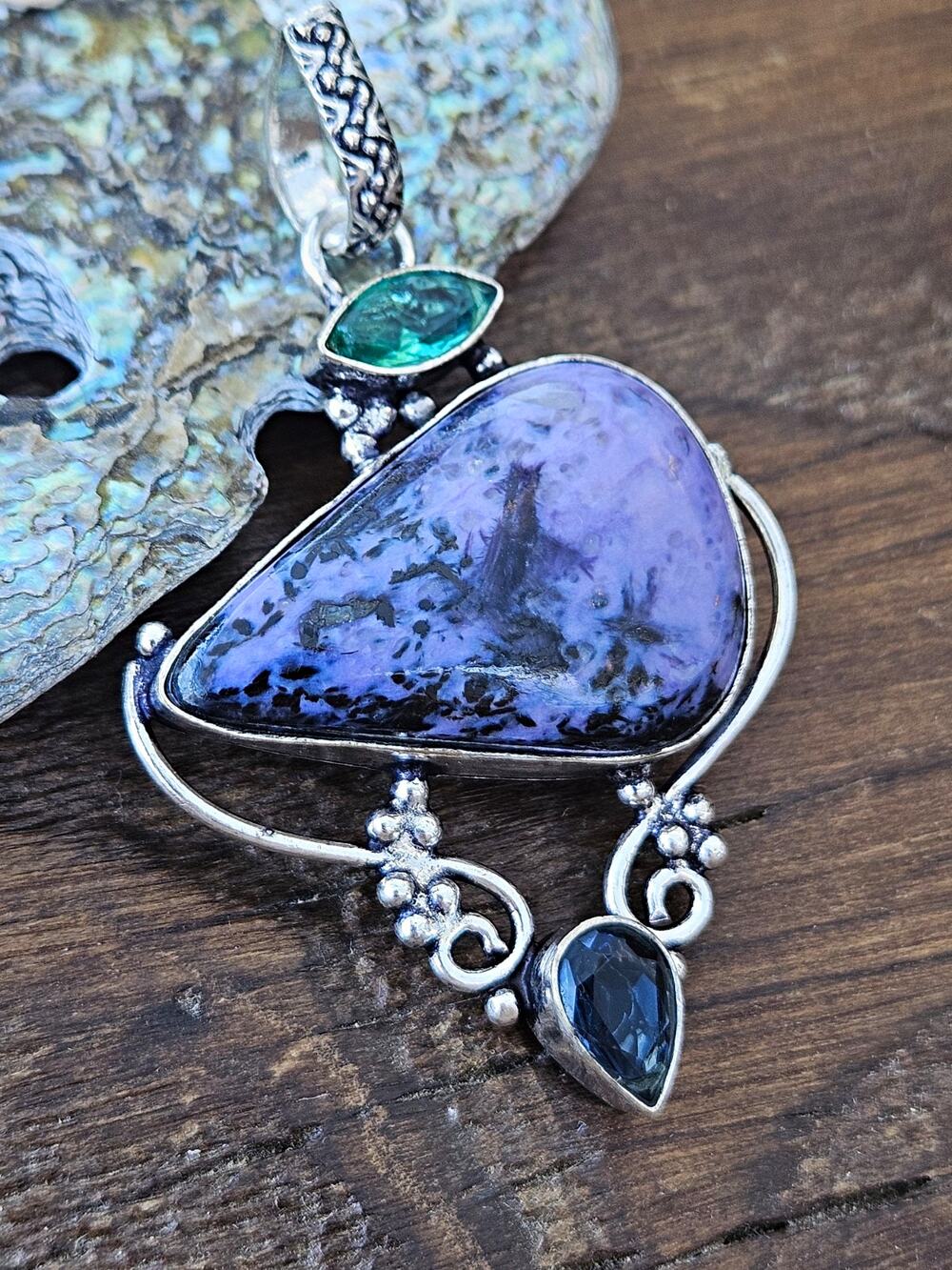 925 Sterling Silver Purple Dendritic Chalcedony Multi Stone Fairycore Pendant